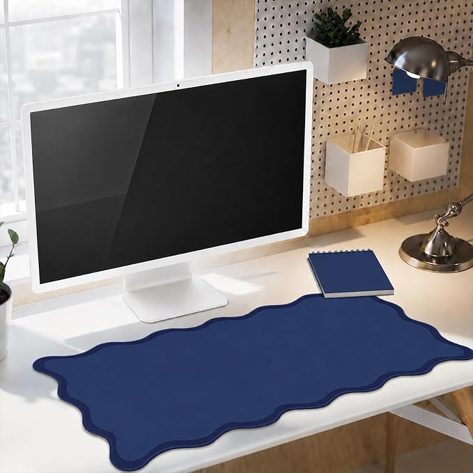 Hahafelt Scalloped Desk Mat Waterproof,Navy Blue,31.5 X 15.8 Inches | Coquette Preppy Style for School Office Makeup Vanity, Nonslip Gaming Desktop Protector with Scalloped Stitched Edge Mat
