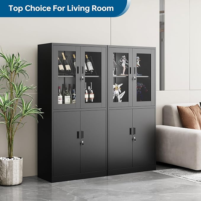 PEUKC Display Storage Cabinet with Glass Door, 71 Inches Metal Curio Cabinet with 2 Adjustable Shelves, Locking Glass Display Case for Home, Office, Clinic, Pantry, Assemble Required (Black)