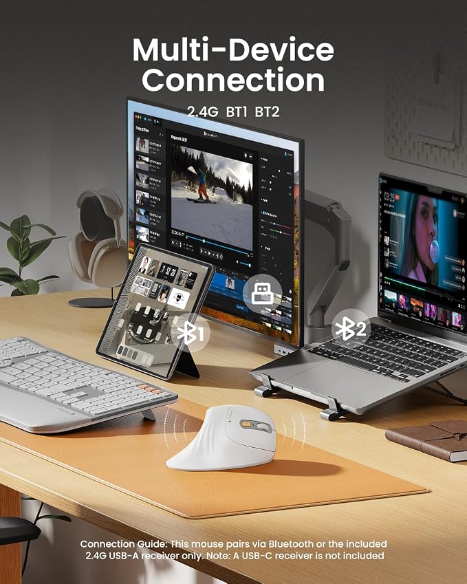 ProtoArc EM11 NL Wireless Ergonomic Vertical Mouse, White | 58° vertical design supports a natural wrist posture; connect 3 devices via Bluetooth/2.4G USB-A; 500mAh USB-C rechargeable.