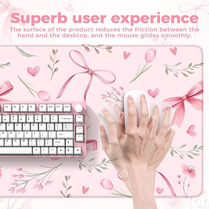 iCasso Pink Desk Mat,Cute Desk Pad for Women | Girly Bow Mousepad with Stitched Edges,Non-Slip Large Computer Mat for Study Home Office