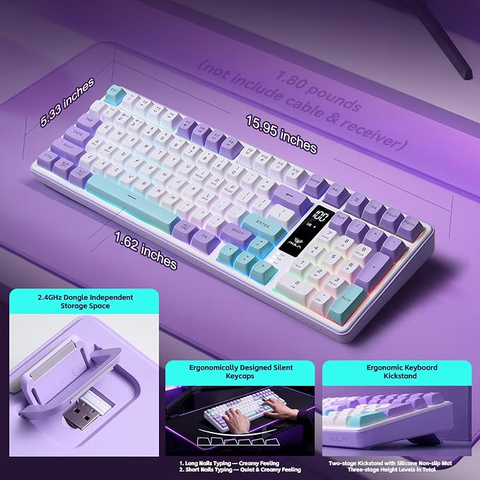 Aula S99pro V2 Wireless Gaming Keyboard,Silent Computer Keyboards,Creamy Membrane Keyboard with Number Pad,Tri-Mode Bluetooth/2.4GHz/USB-C,RGB Backlit,Digital Display Screen - Star Illusion Purple