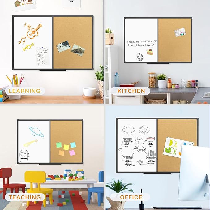 JILoffice White Board & Bulletin Corkboard Combination, Combo Board 36 x 24 Magnetic Whiteboard, Black Aluminum Frame Wall Mounted Board for Office Home and School with 10 Push Pins