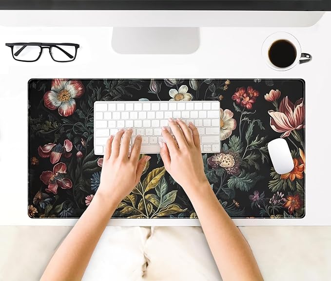 Floral Desk Mat Dark Academia Vintage Aesthetic Desk Pad Flower Plant Large Gaming Mousepad Black Extended Mouse Pad XXL Laptop Computer Mouse Keyboard Mat 31.5 x 15.7 Office Desk Decor