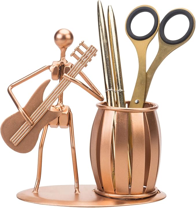 MyGift Pen Holder for Desk, Decorative Pencil Cup with Guitar Design, Accessories & Decor for Men, Gunmetal Gray Metal Desk