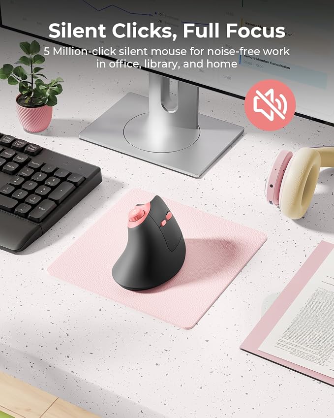 seenda MOU-302 Wireless Bluetooth Ergonomic Vertical Mouse with Volume Knob | Rechargeable 3-device mice for small/medium hands with quiet clicks, 1000/1600/2400 DPI for PC, laptop, MacBook, Black Pink