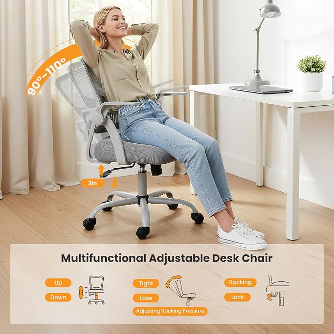 Sweetcrispy Computer Desk Chair, Home Office Chair, Lumbar Support | Flip Up Armrest, Adjustable Height, 360° Swivel Wheels, Ergonomic Mesh Mid-Back, Comfy Arms Bedroom Study