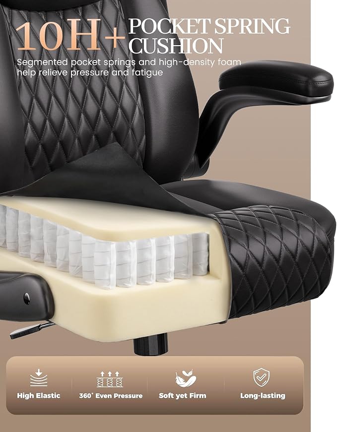 COMHOMA Mid-Back Office Chair, Ergonomic PU Desk Chair with Flip up Arms, Small Computer Gaming with Comfy Lumbar Support,Rocking Function,Sturdy Metal Base, Ink Black