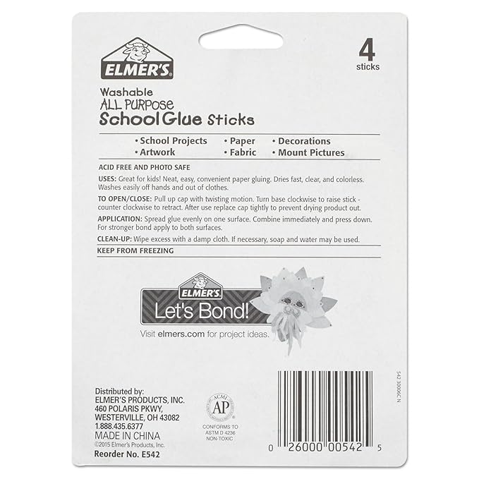 Elmer's All Purpose School Glue Sticks, Clear, Washable, 4 Pack, 0.24-ounce sticks