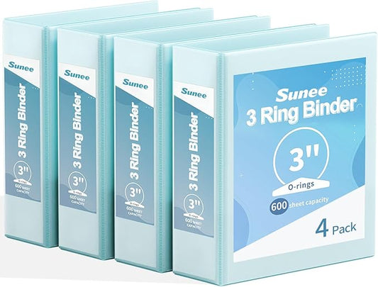 SUNEE 3 Ring Binder 3 Inch 4 Pack, 3" Clear View Binder Three Ring PVC-Free (Fit 8.5x11 Inches) for School or Office Supplies, Blue
