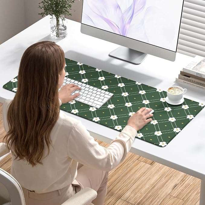 Desk Mat, Large Gaming Mouse Pad, 32" x 12", Cute Green Argyle | Waterproof Desk Pad, Non-Slip Rubber Base, Desktop Mat with Stitched Edges, Desk Accessories for Office, Work, Home