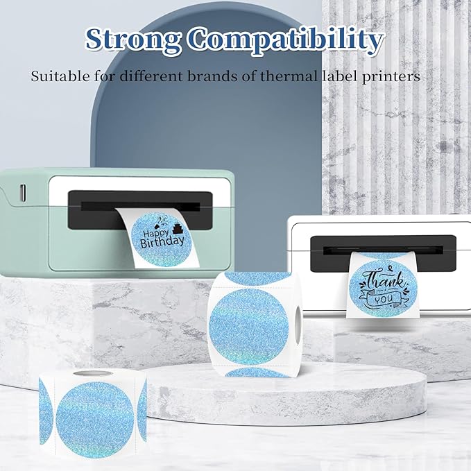 2 Inch Holographic Thermal Labels,Blue Round Thermal Printer Labels,Printable Round Thermal Printer Labels Self-Adhesive Direct Thermal Label(300 Labels/Roll Blue)