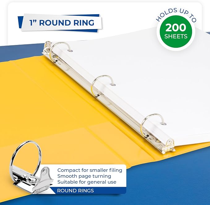 Samsill 1 Inch 3 Ring Binders, Economy Round Ring, Clear View Cover, 200 Sheet Capacity - for School, Home, Office - Yellow, 12 Pack