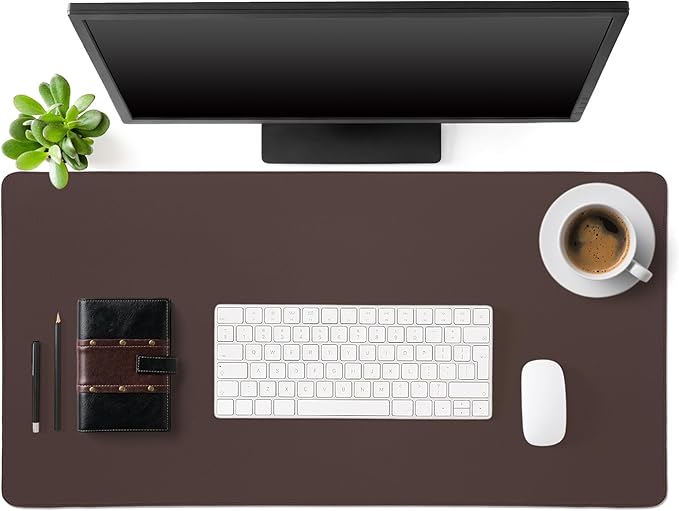 Tegeme Leather Desk Mat Large Desk Pad 31.5 x 15.7 Inch Non Slip Table Protector with Stitched Edges and Rubber Base Dark Brown Stylish Workspace Accessory Laptop Mat Smooth Writing for Home Office