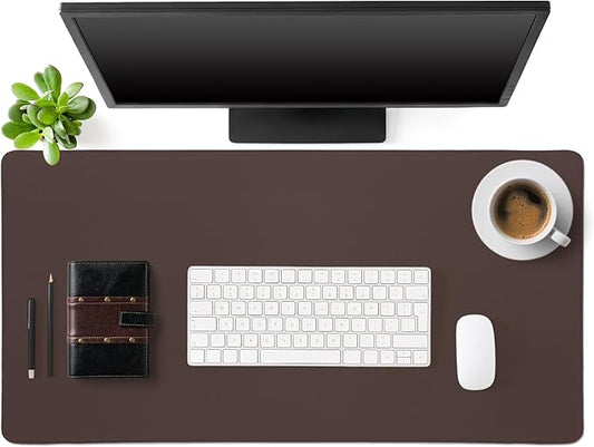 Tegeme Leather Desk Mat Large Desk Pad 31.5 x 15.7 Inch Non Slip Table Protector with Stitched Edges and Rubber Base Dark Brown Stylish Workspace Accessory Laptop Mat Smooth Writing for Home Office