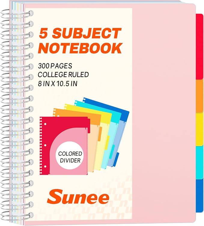 SUNEE Spiral Notebooks for Work with Removable Dividers & Tabs – College Ruled 5 Subject, 300 Pages, 3 Hole Punched, Durable PP Cover, 8"x10.5" – Notebooks for Office or School, Pink