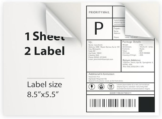 100 Sheet (200 Labels) | 8.5" x 11" 2 UP Half Sheet Self Adhesive Shipping Labels for Laser & Inkjet Printers | Ecommerce, Address, Mailing, Labeling, Packaging