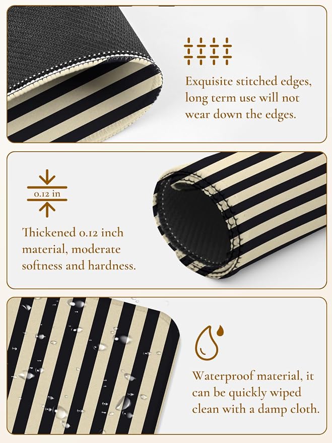 Square Cute Striped Mouse Pad with Stitched Edge, Premium Waterproof Cloth Aesthetic Small Stripe Mouse Mat, Non-Slip Rubber Base Funny Mousepad Desk Accessories,Striped Black Grey