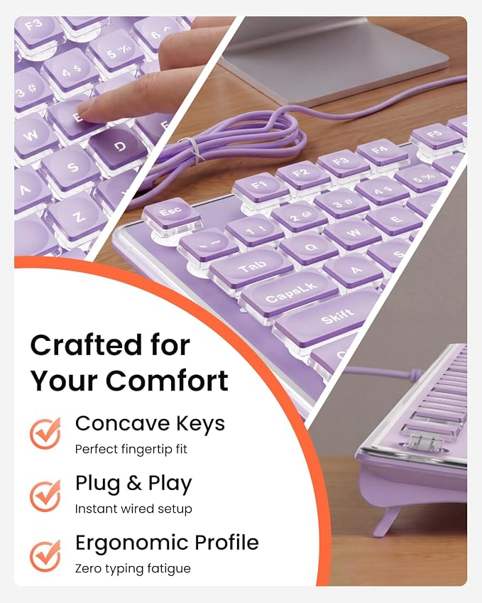 SEUNKWANG Wired Backlit Keyboard with Pudding Keycaps, Quiet Full Size Computer Keyboard White Backlight Easy-to-Read, Never Fade, Metal Panel, USB Cute Desk Setup for Windows PC Desktop, Purple