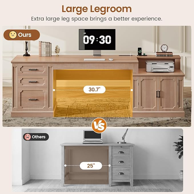 SEDETA Farmhouse 70.9" Executive Desk, Home Office Desk with File Drawers and Storage Cabinet, Computer Desk with Power Outlet for Home Office, Work Study Writing, Oak