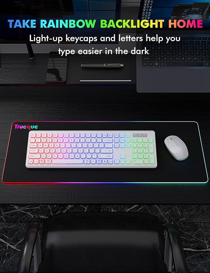 Wireless Keyboard and Mouse Combo with RGB Backlit, Rechargeable | Light Up Letters, Full-Size, Soft Typing, Sleep Mode, 2.4GHz Quiet Keyboard Set for Mac, Windows, Laptop, PC, Trueque KM42Pro
