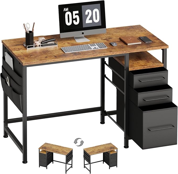 Small Desk with Drawers, Office Desk with Storage Shelves, Brown | 40 Inch Desktop, Metal Frame, 3 Fabric Drawers, Storage Shelves, Computer & Writing Desk, Office Gaming Workstation