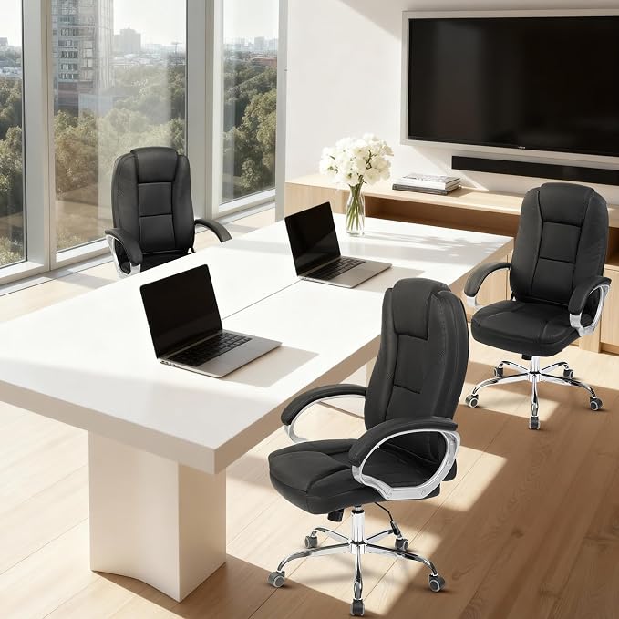 NEO CHAIR Office Desk Chair PU Leather Chair with Lumbar Support, Jet Black | Ergonomic High Back Executive Computer Chair, Comfortable Padded Fixed Armrests Swivel Chair with Wheels for Office/Home