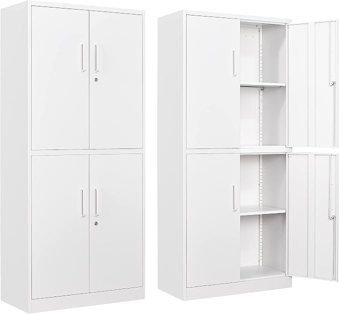 Metal Storage Cabinet with 3 Adjustable Shelves,Garage Storage Cabinet with Lock,White Metal Cabinets with Locking Doors,71" 4 Door Pantry Cabinet,Lockable Cabinets for Home,Office,Garage,Kitchen