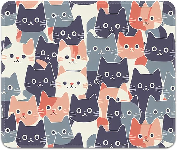 Mouse Pad with Stitched Edges - Cute Cat Mousepad for Women, 9.25 x 7.75 inch Washable Square Desk Pad, Non-Slip Rubber Base, Office Home Laptop Accessories - Meow Harmony