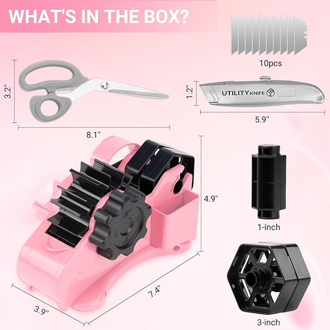 THINKLEARN Heat Tape Dispenser - Sublimation Heat Transfer Tape Dispenser with Scissors and Utility Knife, 1 '' & 3'' Core, Multi-Roll Pre-Cut Tape Dispenser, Light Pink