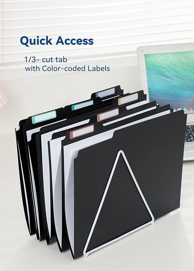 Plastic Manila Folders 8.5 x 11, 12 Pack, Poly Black File Folders, 1/3-Cut Tabs with Colorful Labels, Letter Size