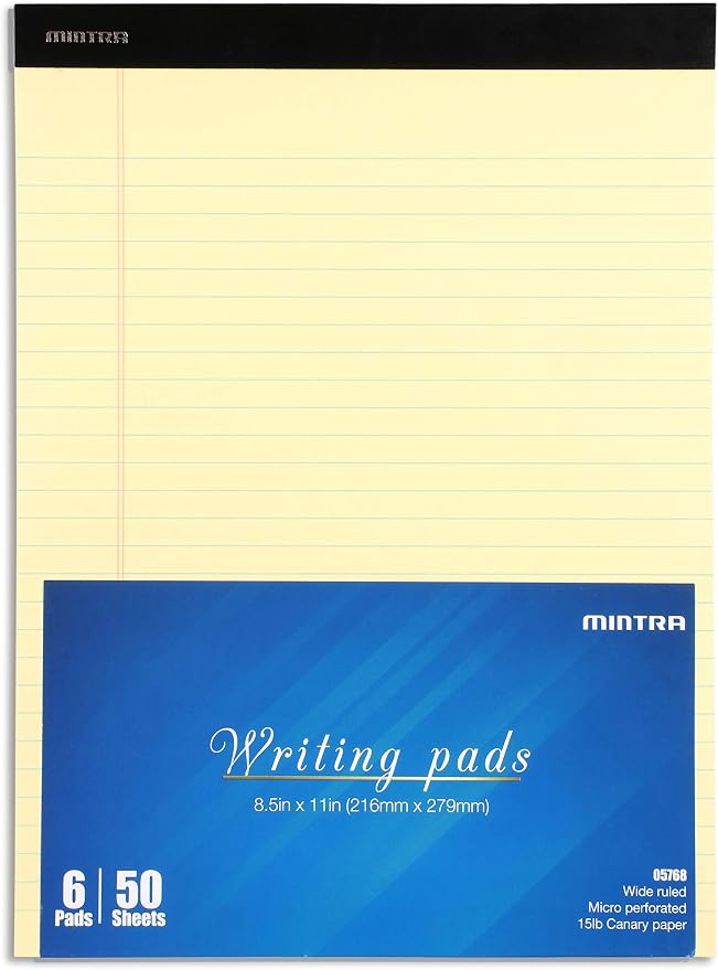 Mintra Office Canary Legal Pads - With Micro-perforated sheets, Smooth-lined paper, Ideal for Office Tasks, Assignments or Notes, Meetings, and Journaling, 6 pack Wide Ruled, Basic Pad, 8.5"x11"