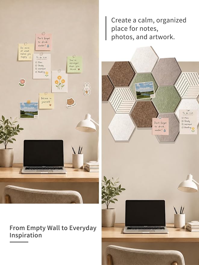 Hexagon Cork Board Tiles for Office Walls Decor 10 Pack 11.81" X 10.24" | Traceless Nano Adhesive Tabs, 0.39 " Thickness Specification, Cover 6.3 Ft² Area, Photo Memory Display, Vision Board Creation