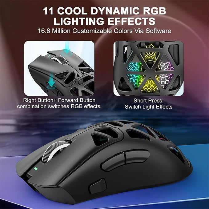 G11 Lightweight Wireless Gaming Mouse for FPS & Competitive Gaming, Tri-Mode Bluetooth 5.1/2.4GHz/USB-C, 22000 DPI RGB Mouse with Programmable Buttons for PC, Laptop & Mac (Black)