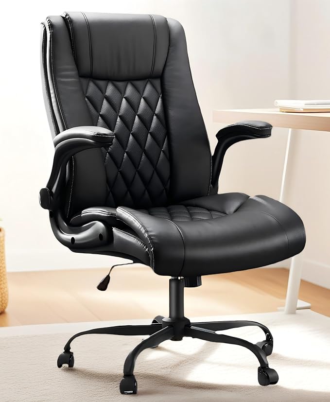 Marsail Executive Office Chair Ergonomic Desk Chair with Flip-up Armrests PU Leather Height-Adjustable Swivel Rolling Dark | 25% thicker cushion, contoured backrest, 90-120 degree recline, swivel rolling base, breathable mesh center, 300 lbs