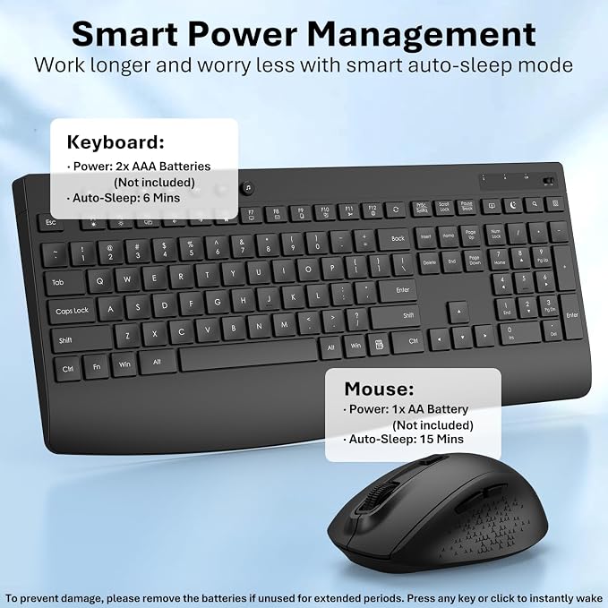 Full-Size Silent Wireless Keyboard and Mouse Combo with Palm Rest | 30dB quiet keys, silent clicks, 12-month battery, 1.4-in rear lift, 12 hotkeys, auto sleep, 2.4G receiver, Win/macOS/ChromeOS