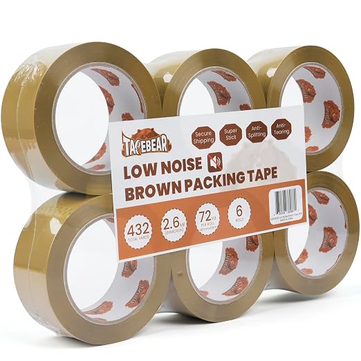 TAPEBEAR Low Noise Brown Packing Tape 72Yards Extra Length 1.88Inch-Wide | Packaging Tape Refills, Secure Sticky Brown Tape 2.6Mil Heavy Duty for Moving, Shipping, Sealing, 6Rolls Total 432Yards