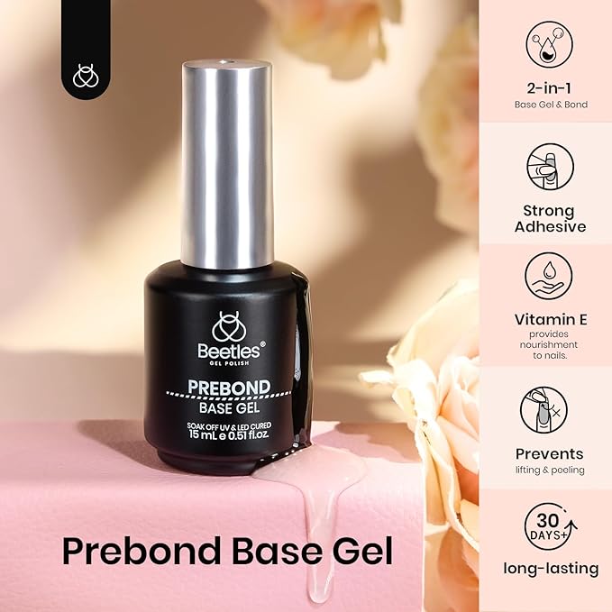 beetles Gel Polish Gel Base Coat, 15ml Prebond Base Gel Nail Polish Long Lasting Soak Off U V Nail Lamp Base Coat Upgraded Formula for Salon DIY Design Manicure Gifts for Women