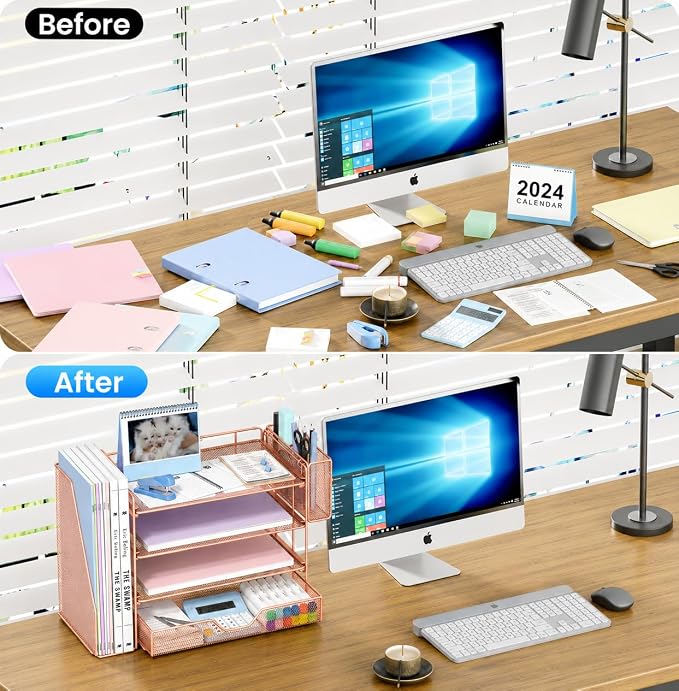 Desk Organizers and Accessories, 4-Tier Desktop File Organizer with Drawer and Pen Holders, Office Desk Accessories Workspace Organizers for Office Supplies (Rose Gold)
