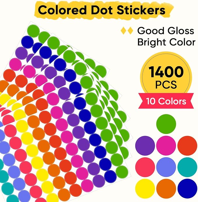 1400 PCS Colored Dot Stickers Round Color Coding Labels Classroom Must Haves, Circle Dots Labels Price Stickers Polka Circle Dot Stickers Label Stickers for Kids Office, Classroom Decor, Papers Etc