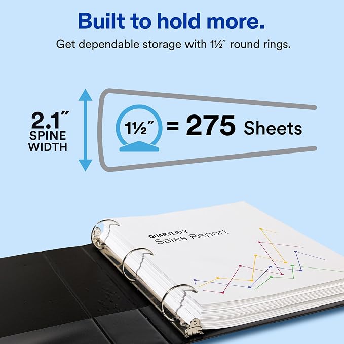 Avery Standard View 3 Ring Binder, 1.5" Round Rings, 275-Sheet Capacity, 2.1 Inch Wide Spine, 1 White Binder, Ideal for Lightweight Organization and Occasional Referencing (05726)