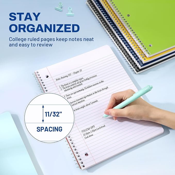 SUNEE Spiral Notebooks, 1-Subject, 24 Pack, Wide Ruled Paper, 8" x 10-1/2", 70 Sheets per Notebook, 3-Hole Punched Paper, Spiral Lined Notebooks for School, Work, Classic Colors