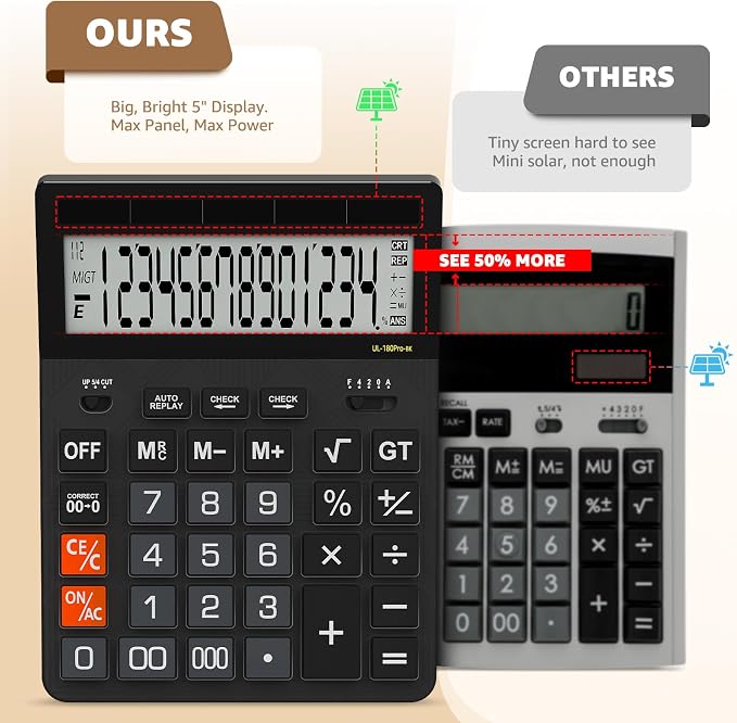 Calculators Desktop, 2026 Upgrade 14 Digit Large Size Calculator with 5-Inch LCD Display and Solar Power, Office Calculator for Desk (Black)