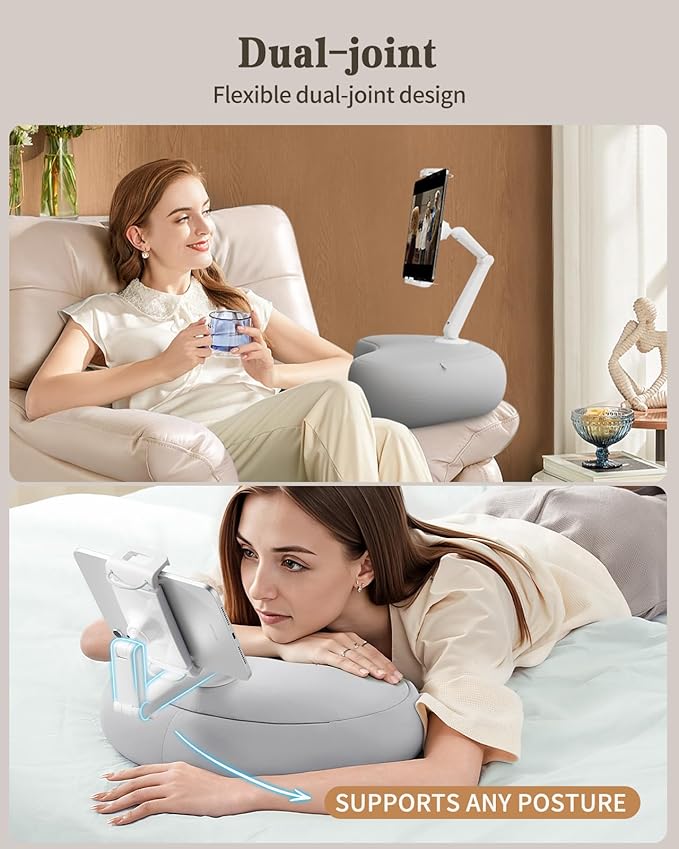 SAIJI Kindle Pillow Stand, iPad Stand Compatible with 4.7”-15.6” Kindle, Phone, iPad, 360° Adjustable Lap Beanbag Tablet Holder for Bed with Flexible Dual Axis Arm and Microbead Cushion (Gray)