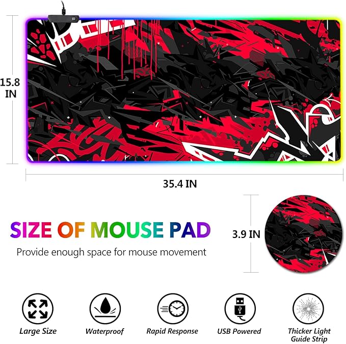 AIMSA Large RGB Gaming Mouse Pad, Keyboard Mousepad Led Extended 35.4 x 15.8 inch Non-Slip Rubber Base with 14 Lighting Modes, Big Desk Mat Waterproof, Red Black