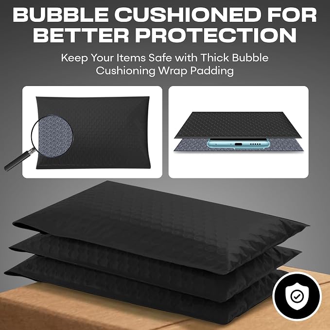 Jet Black Bubble Mailers 10.5x16 Poly Padded Envelopes #5, 200 Pack | Fits Books, Comics & Apparel, Self-Seal Closure, Cushioned Protection, Water-Resistant Poly, Bulk Pack