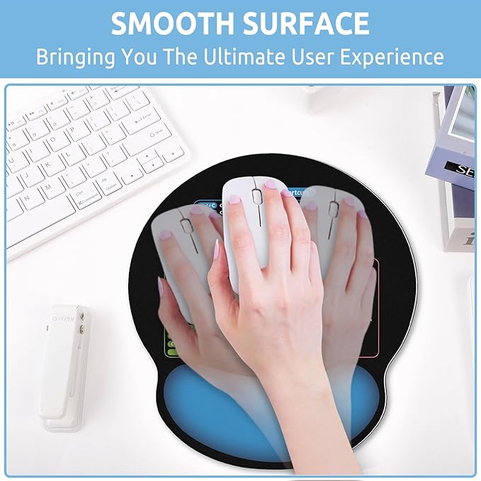 Ergonomic Mouse Pad with Wrist Rest, Small Excel Cheat Sheet Desk Pad with Windows & Office & Excel Shortcuts, Non-Slip Rubber Base Mouse Pads for Desk with Smooth Surface, Black Blue