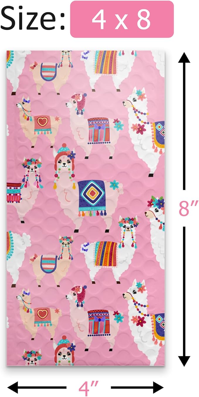Pro Supply Global Llamas Designer Self-Seal Bubble Mailers Padded - 4"x8" (20 Pieces) - A Colorful Shipping Envelopes Bags for Small Items Packaging, Mailing, Gifts, Documents, Crafts and Accessories.