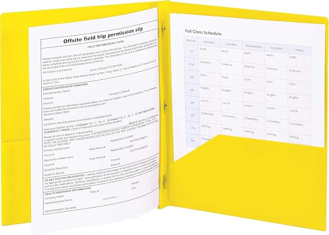 Smead Poly Two-Pocket Folder, Three-Hole Punch Prong Fasteners, Letter Size, Yellow, 6 per Pack