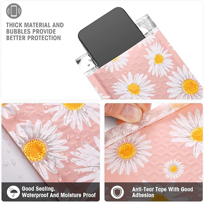 Metronic 4x8 Inch Bubble Mailer 100Pack, Pink Small Bubble Mailers, Fancy Daisy Bubble Envelopes, Self-Seal Adhesion Envelope Mailers,Small Padded Mailers for Packing, Bubble Mailers Usable Size 4x7