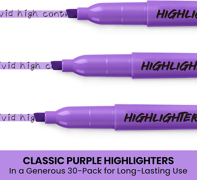 Taja 30 Pack Highlighters, Purple, Chisel Tip with No Bleed Ink | Highlighters with Smooth Broad & Precise Lines, Ideal for Journaling & Note Taking, Study Essentials and Office Supplies